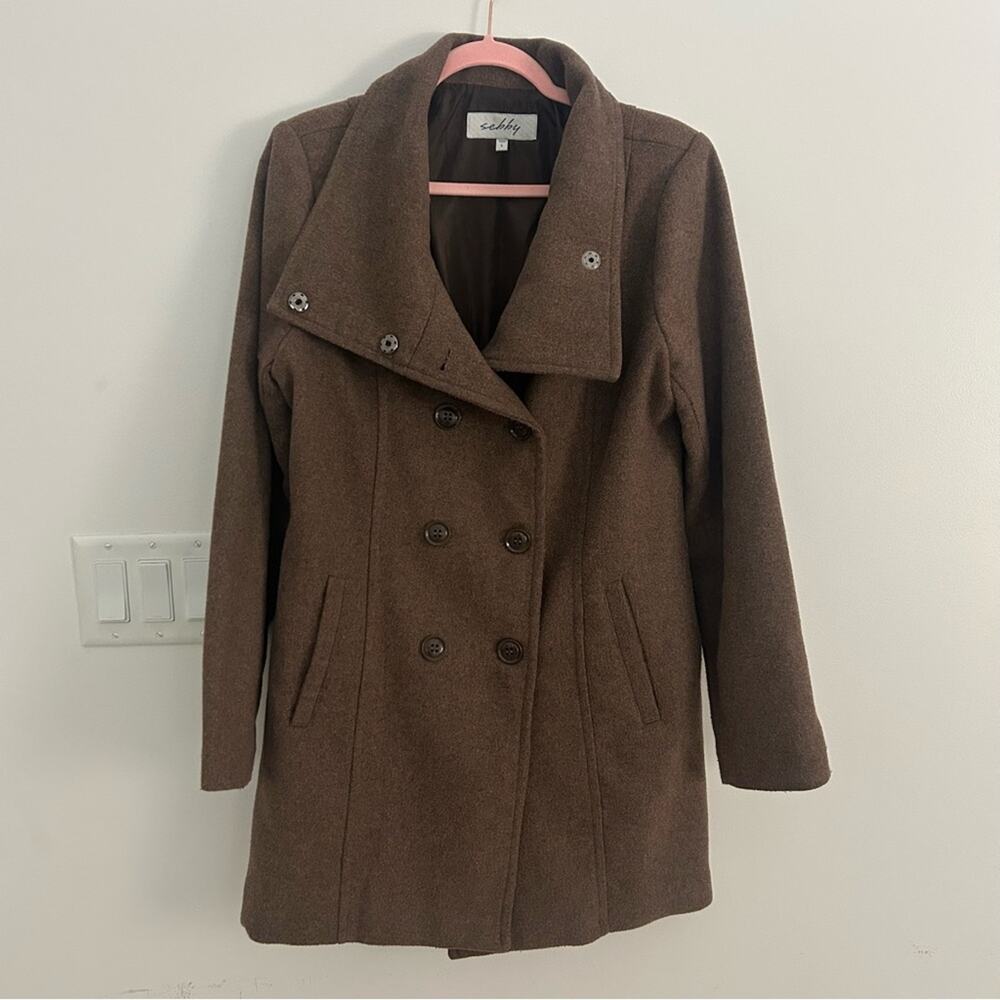 Sebby Brown Double-Breasted Pea Coat with Notched Collar